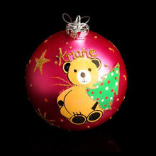 Load image into Gallery viewer, Pink Hand Painted Glass Teddy Bear Bauble 100mm Santas little painters