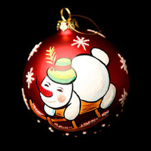 Load image into Gallery viewer, Sleigh Ride Snow Man – Red Glass Bauble 100mm Santa's Little Painters