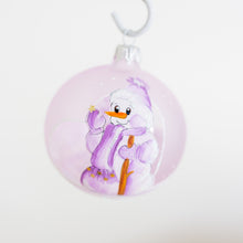 Load image into Gallery viewer, 80mm lilac and purple snowgirl hand painted bauble Santa's Little Painters