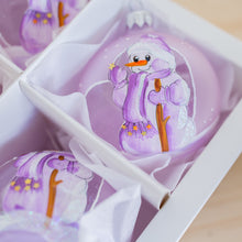 Load image into Gallery viewer, 80mm lilac and purple snowgirl hand painted bauble Santa's Little Painters