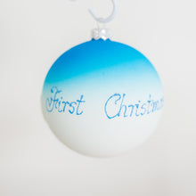Load image into Gallery viewer, 100mm First C hristmas hand painted bauble blue Santa's Little Painters