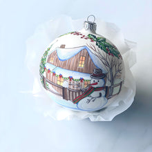 Load image into Gallery viewer, 100mm Snowman in front yard hand painted bauble Santa's Little Painters