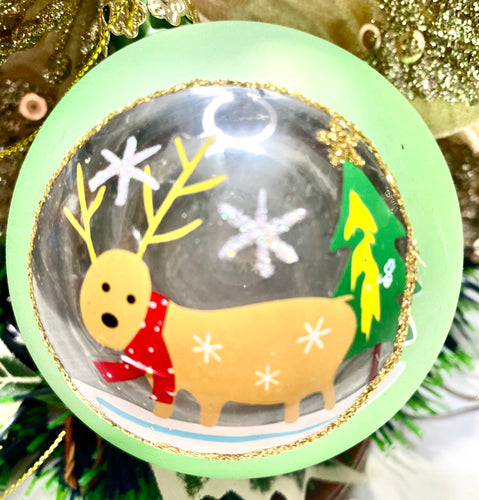 80mm Light Green Reindeer Bauble Santas little painters