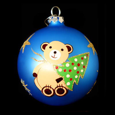 Blue Hand Painted Glass Teddy Bear Bauble 100mm Santa's Little Painters