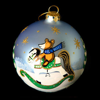Blue Glass Bauble Rocking Horse- 100mm Santas little painters