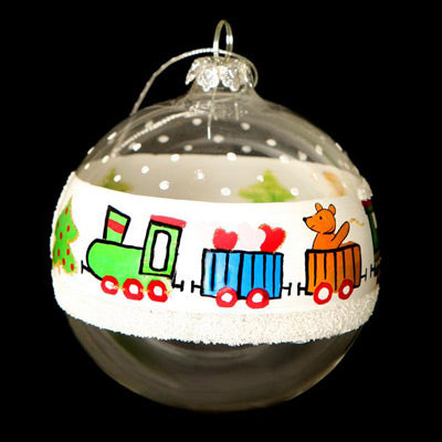 Train Clear Glass Bauble – 100mm Santas little painters