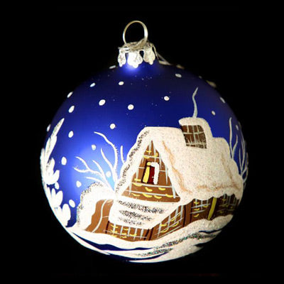 Deep Blue Snow Topped Cottage Bauble 100mm Santas little painters