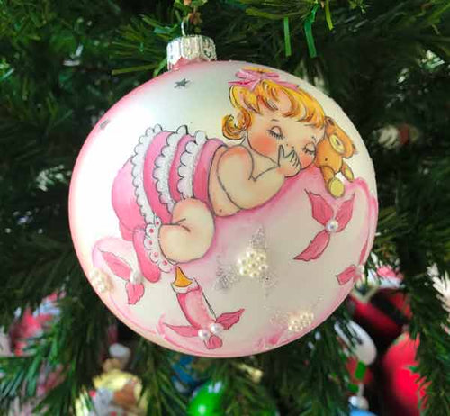 Baby with teddy bear glass Christmas bauble- pink- 100mm Santas little painters