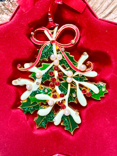 Tipperary Crystal Bunch of Holly with Pearl Embellishments Hanging Ornament Santa's Little Painters