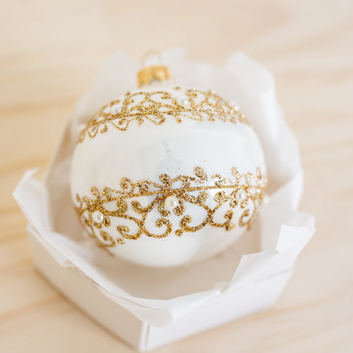 80mm white glass bauble Santa's Little Painters