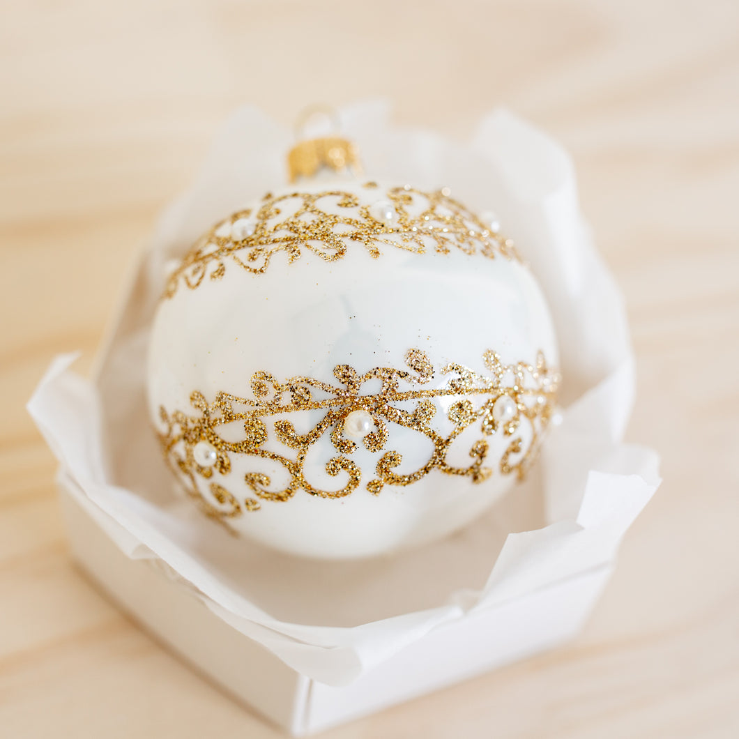 80mm white glass bauble Santa's Little Painters