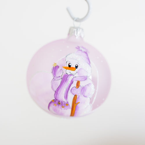 80mm lilac and purple snowgirl hand painted bauble Santa's Little Painters