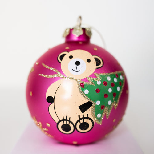 Pink Hand Painted Glass Teddy Bear Bauble 100mm Santas little painters
