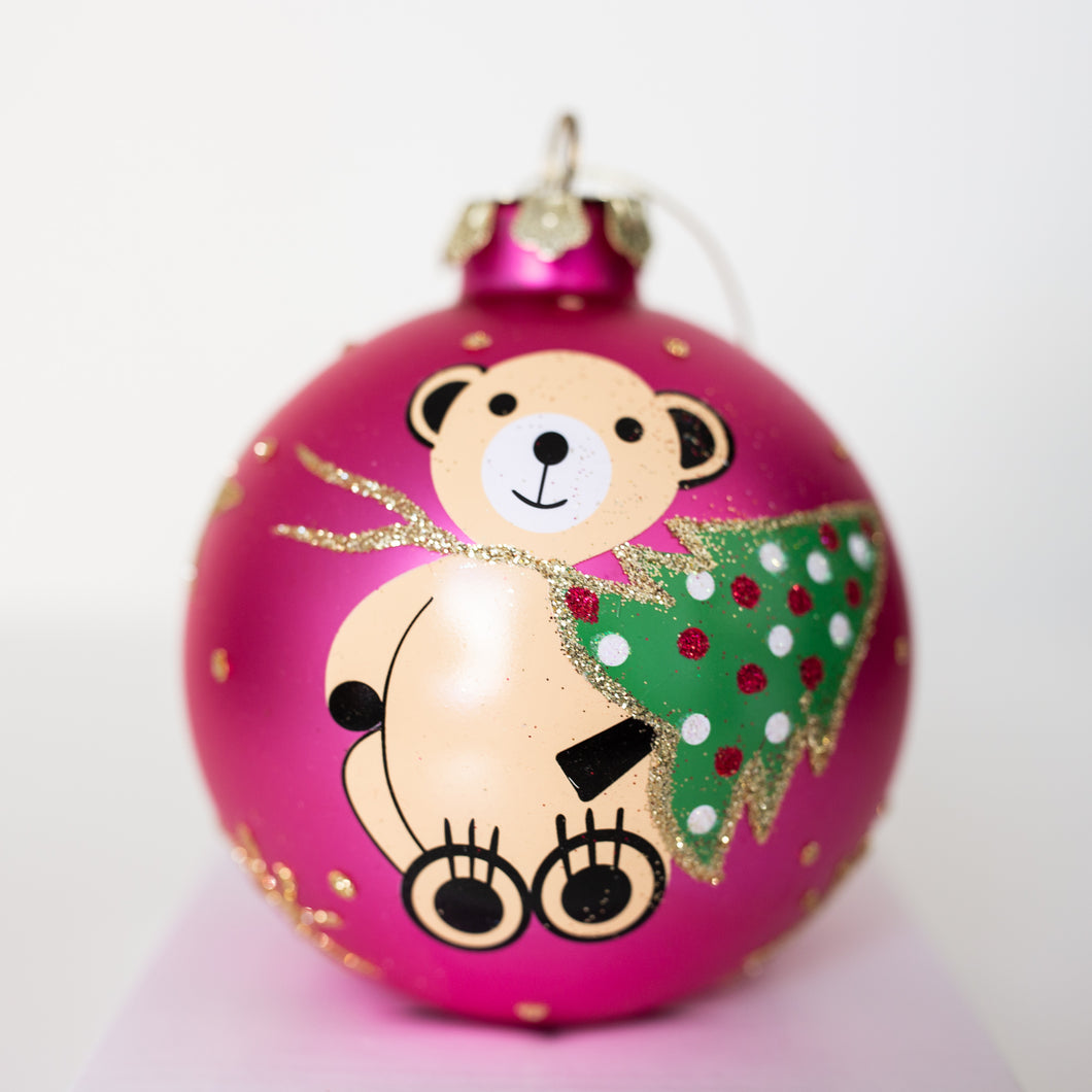 Pink Hand Painted Glass Teddy Bear Bauble 100mm Santas little painters