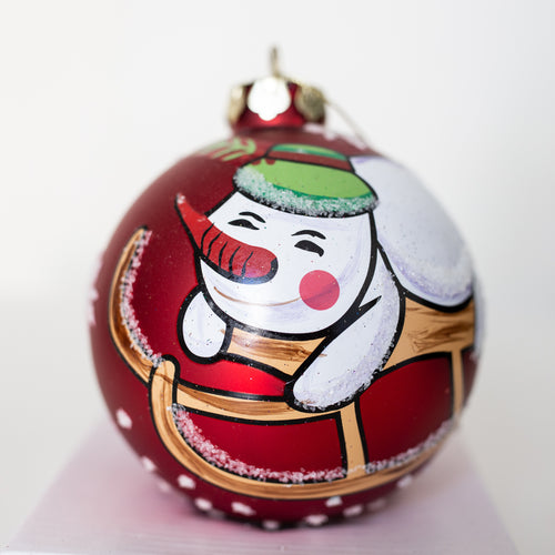 Sleigh Ride Snow Man – Red Glass Bauble 100mm Santa's Little Painters