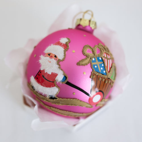 100mm Pink Hand Painted Santa with Trolley Santa's Little Painters