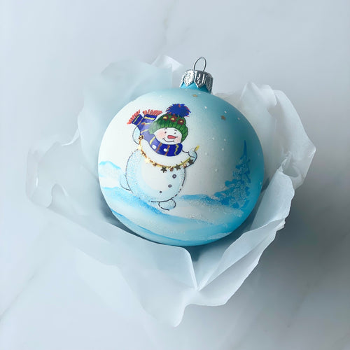 80mm Blue snowman with garland hand painted bauble Santa's Little Painters