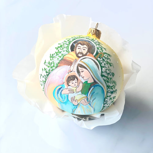 100mm Baby Jesus, Mary and Joseph hand painted personalised Christmas bauble Santa's Little Painters