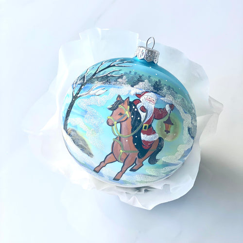 100mm Santa on pony holding a lantern hand painted bauble Santa's Little Painters