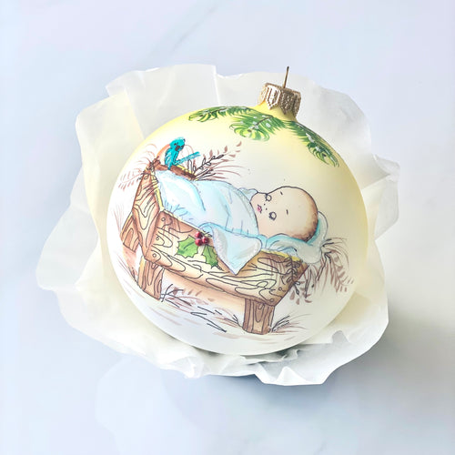 100mm Baby Jesus in crib hand painted bauble Santa's Little Painters