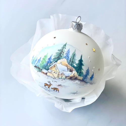100mm White petite village scene hand painted bauble Santa's Little Painters