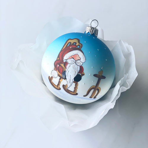 80mm Dwarf santa on a rocking chair hand painted bauble Santa's Little Painters