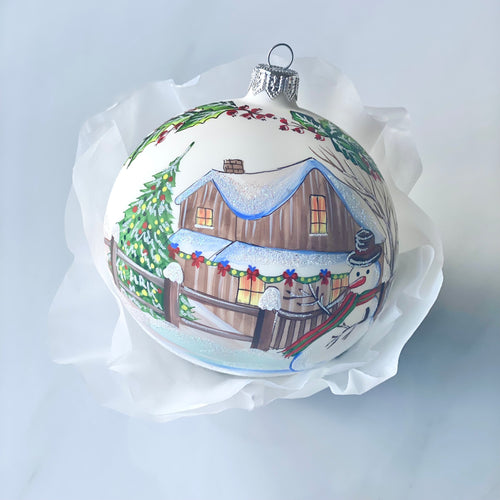 100mm Snowman in front yard hand painted bauble Santa's Little Painters