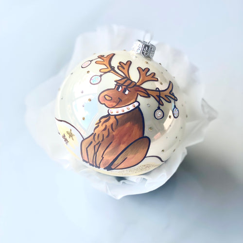 100mm Goofy Brown Reindeer hand painted bauble Santa's Little Painters